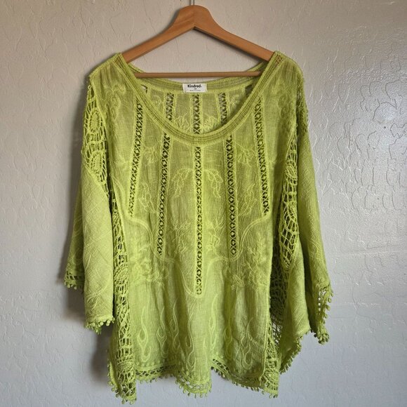 Anthropologie Kindred Crochet Kimono Sleeve Top Lime 3X Boho Embroidered Flames - Picture 1 of 9